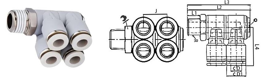 IPAT一拖四雙管串聯直角接頭的規格圖 IPAT一拖四雙管串聯直角接頭的規格圖