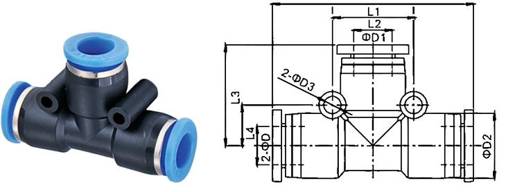 IPE塑料正三通接頭規格圖 IPE塑料正三通接頭規格圖
