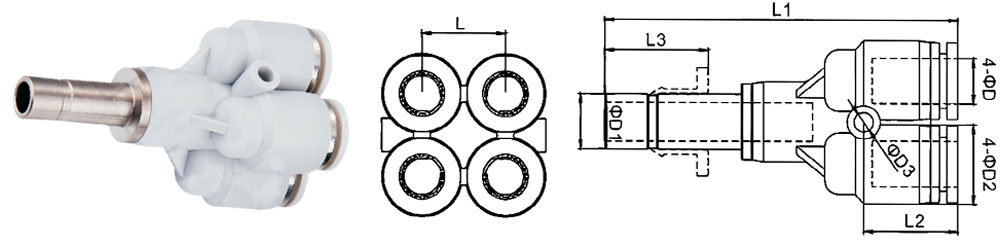 PXJ插入型五通Y型氣管接頭規格圖 PXJ插入型五通Y型氣管接頭規格圖