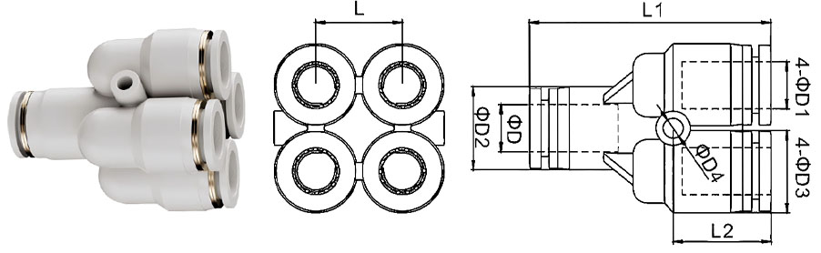 PXG塑料五通Y型氣管接頭規格圖 PXG塑料五通Y型氣管接頭規格圖